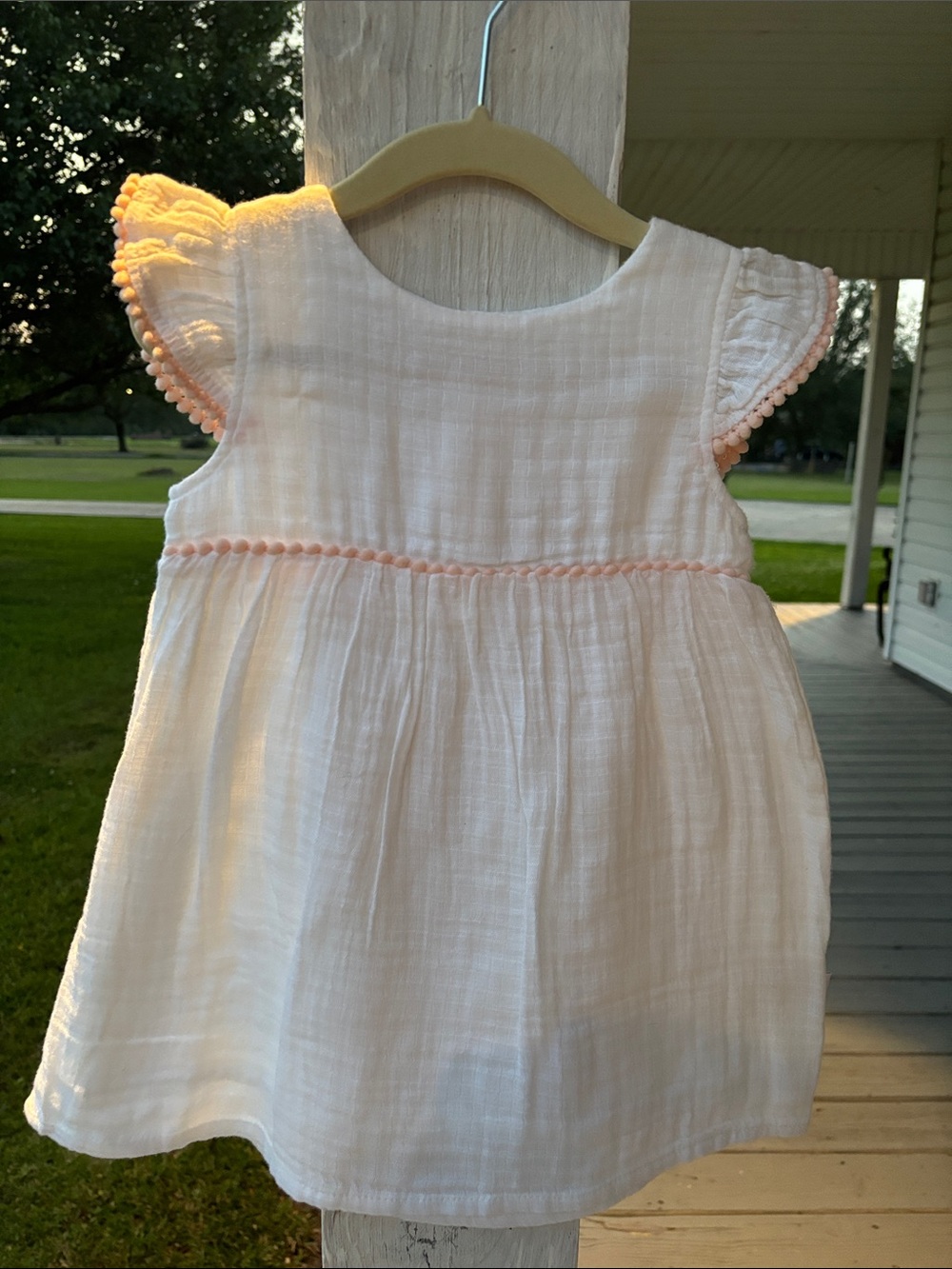 Girls White Cotton Gauze Dress with Pink Trim